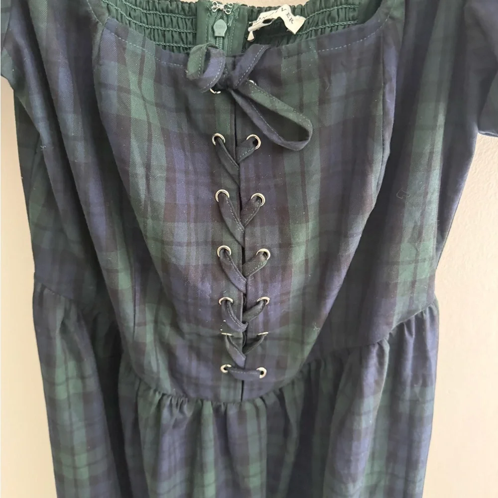 Green Plaid Puff-Sleeve Midi Dress with Lace-Up Bodice - Picture 4 of 5